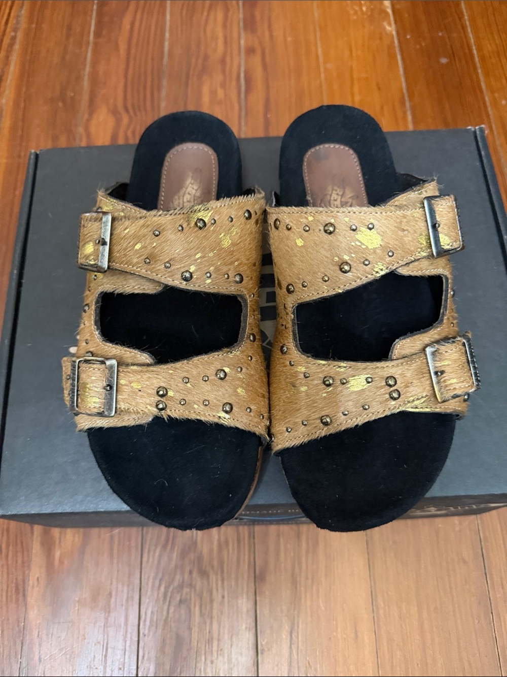 Freebird Asher Studded Brown Haircalf Buckle Slide Sandals - Black Footbed
